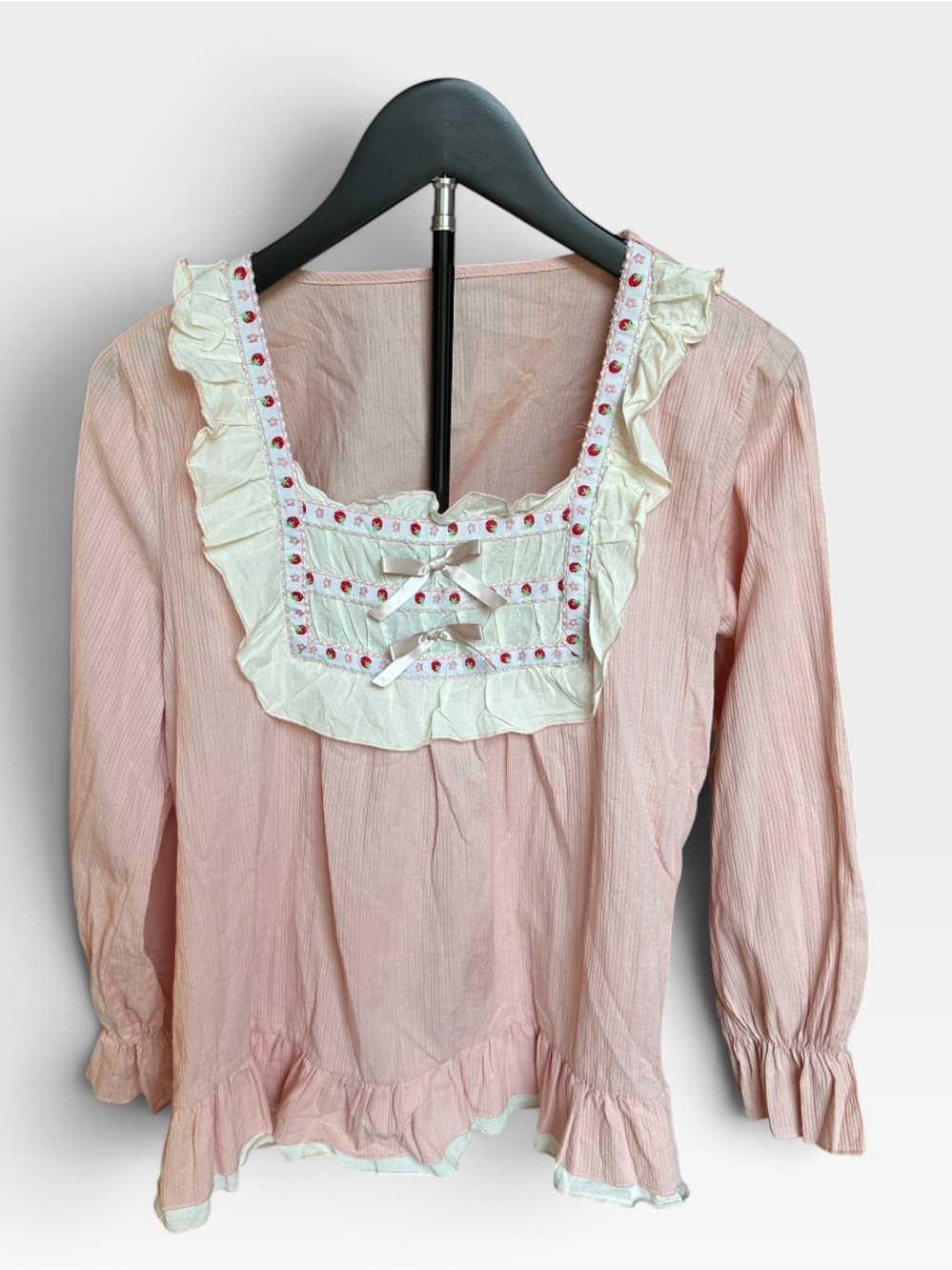 Vintage Inspired Cottagecore Pastel Pink Ruffle Pajamas Set Strawberry Sz S/M